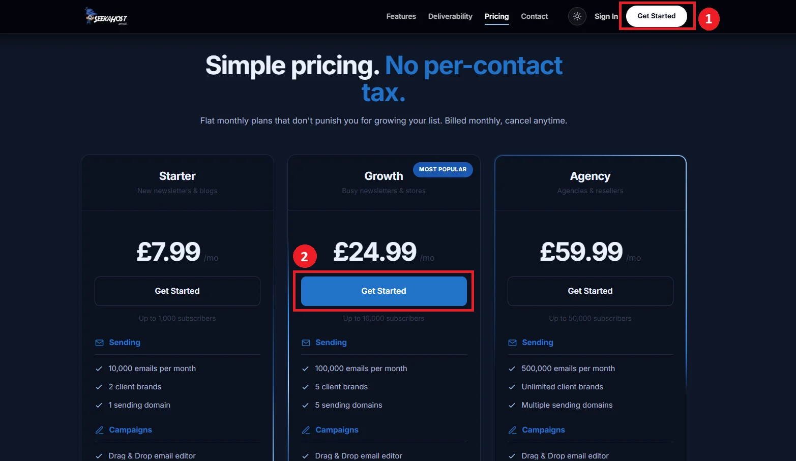 The pricing page with the header's Get Started button and a plan's Get Started button both highlighted