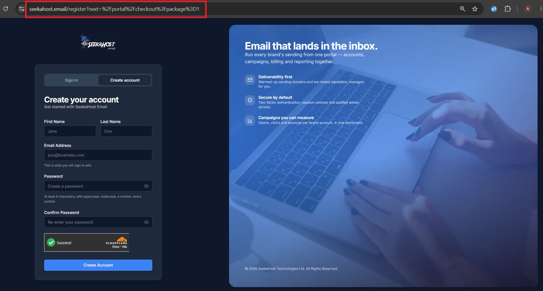 The sign-up form reached from a pricing plan; the address bar shows the chosen plan carried through to checkout