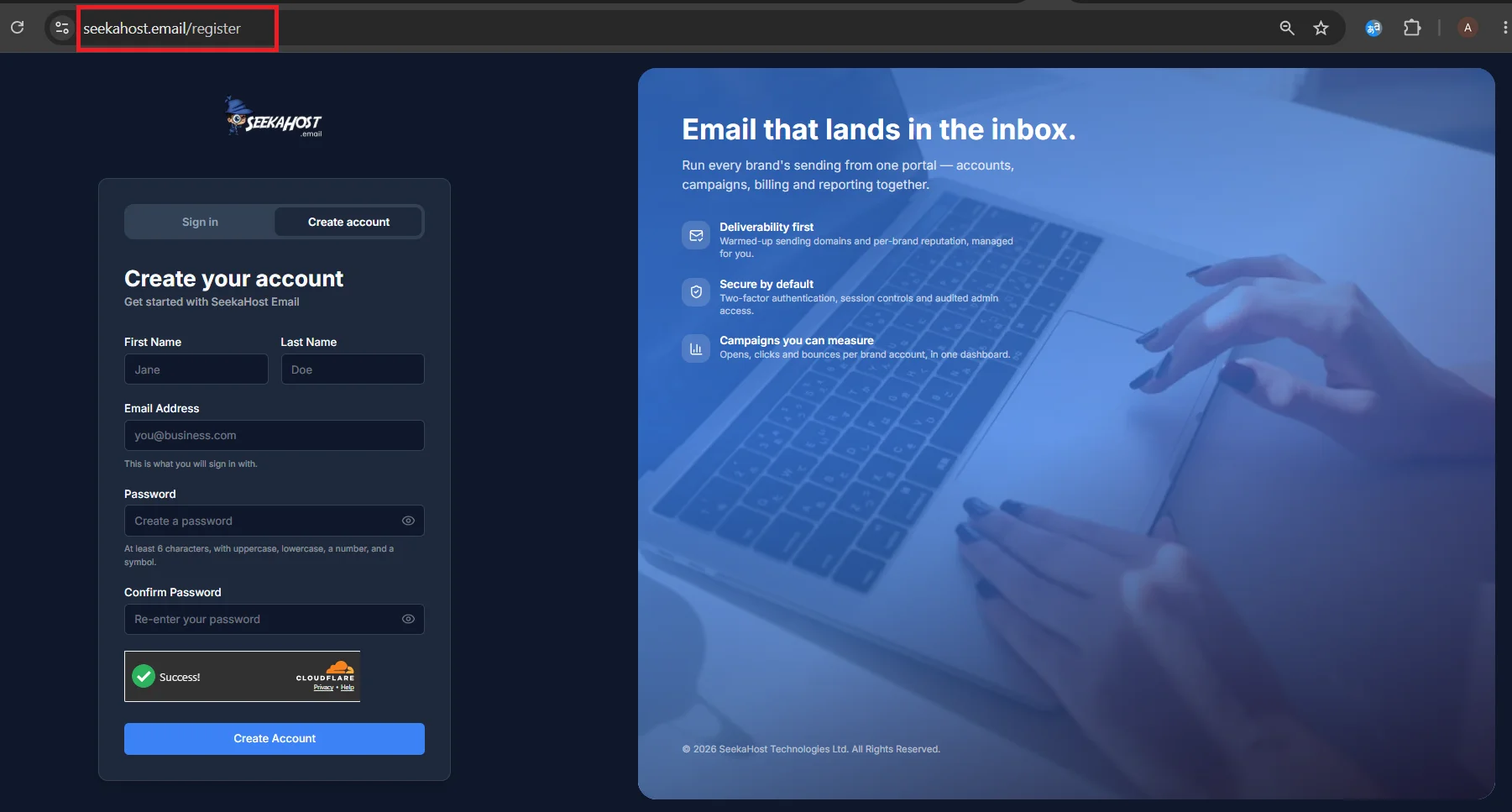 The sign-up form reached directly from the header; the address bar shows a plain /register URL with no plan attached