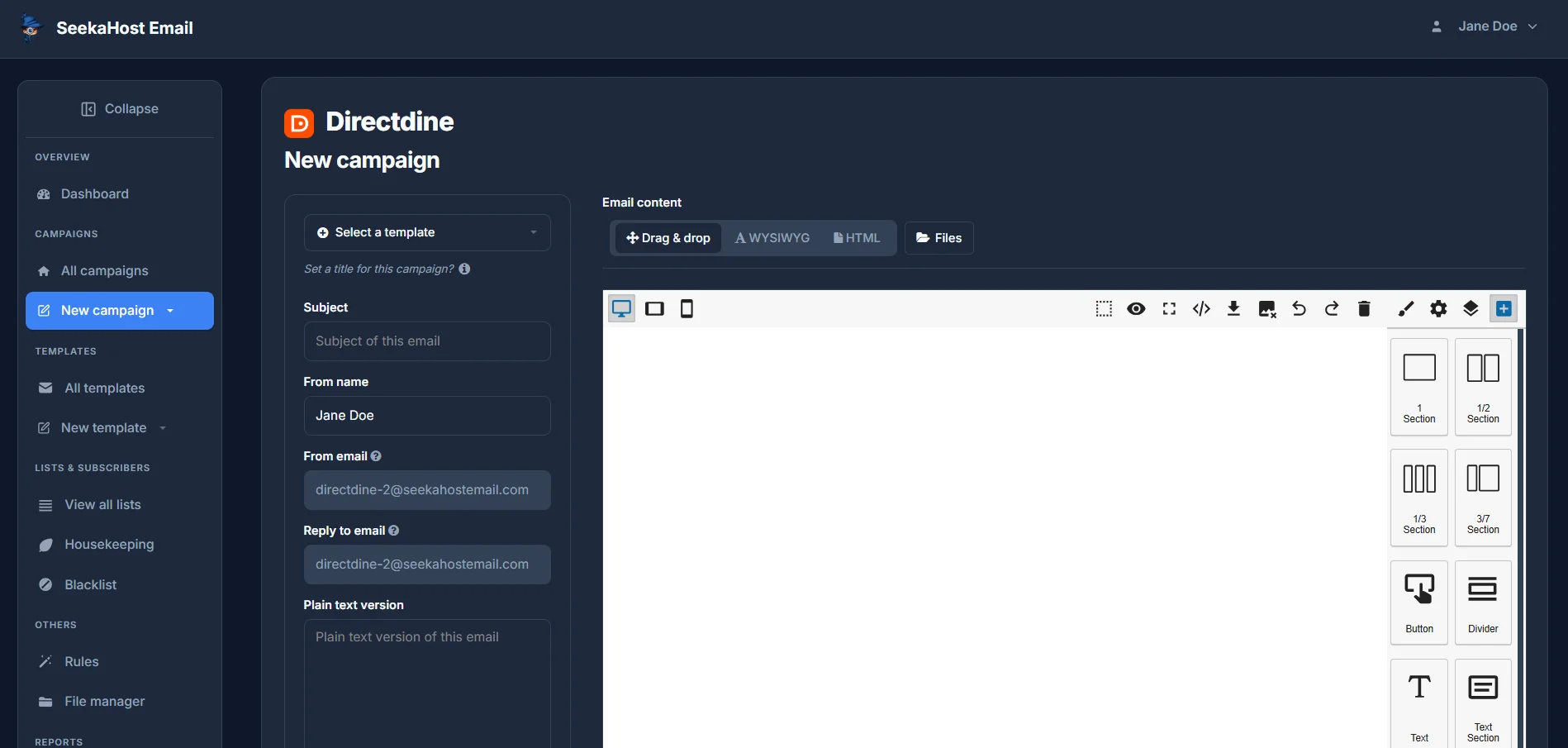 The top of the New campaign details form, with Select a template, Subject, From name, From email and Reply to email fields