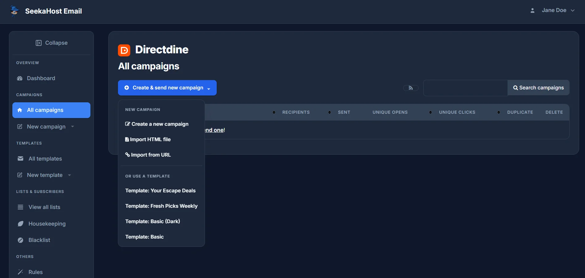 The new-campaign menu, with options to create a new campaign, import an HTML file, import from a URL, or start from a saved template
