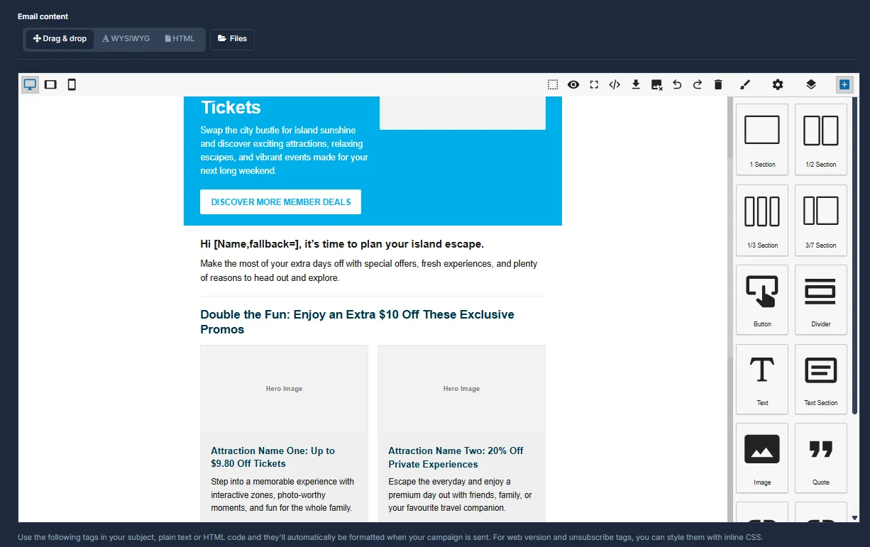 The Drag & drop editor, showing a loaded template with sections, a hero image placeholder and a call-to-action button
