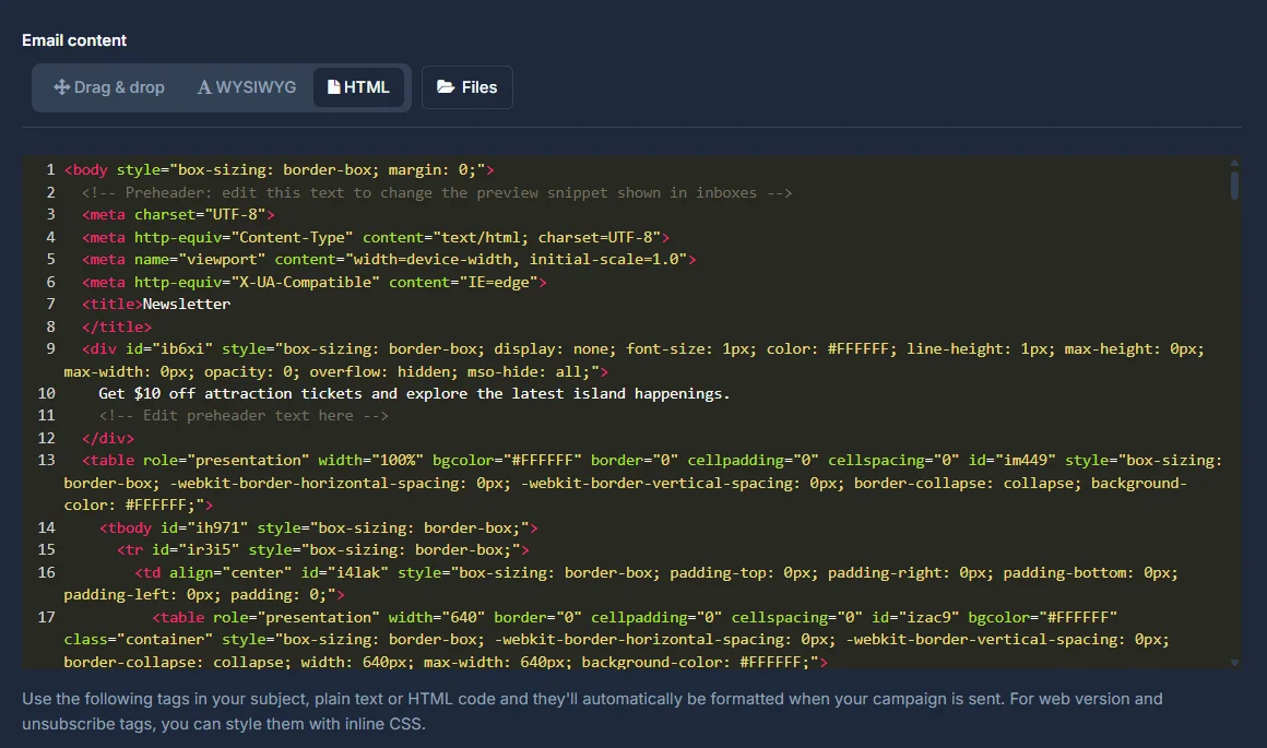 The HTML editor, showing the same email as raw source code