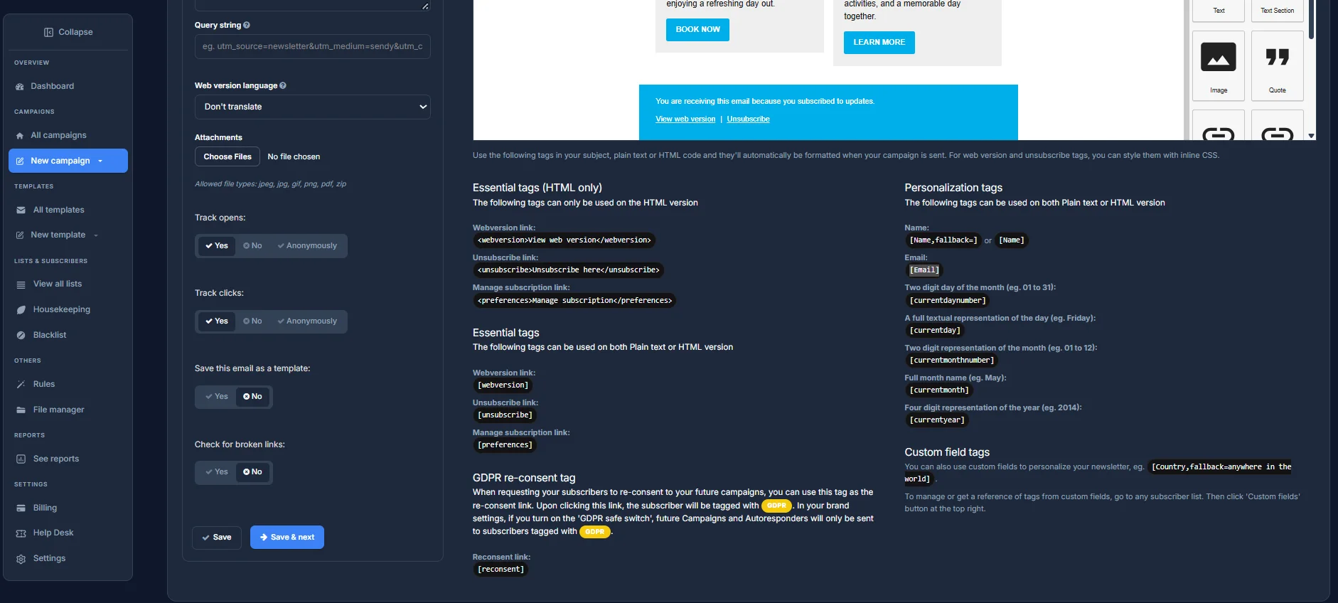 The bottom of the details form, with tracking toggles and a reference list of merge tags