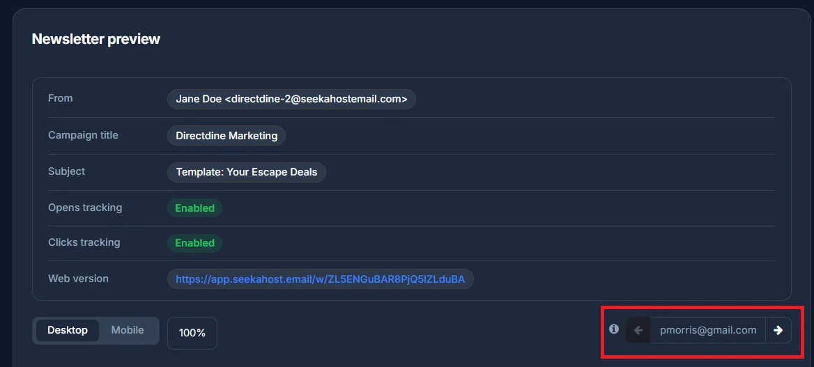 The Newsletter preview panel, with campaign details, a Desktop/Mobile toggle, and arrows to page through recipient addresses