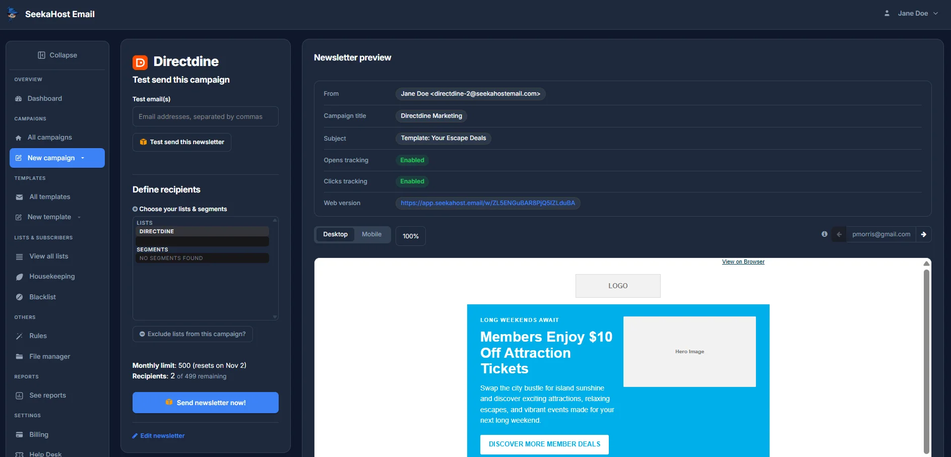 The send screen, with a test-send field, recipient list selection, the monthly limit, and a Send newsletter now button