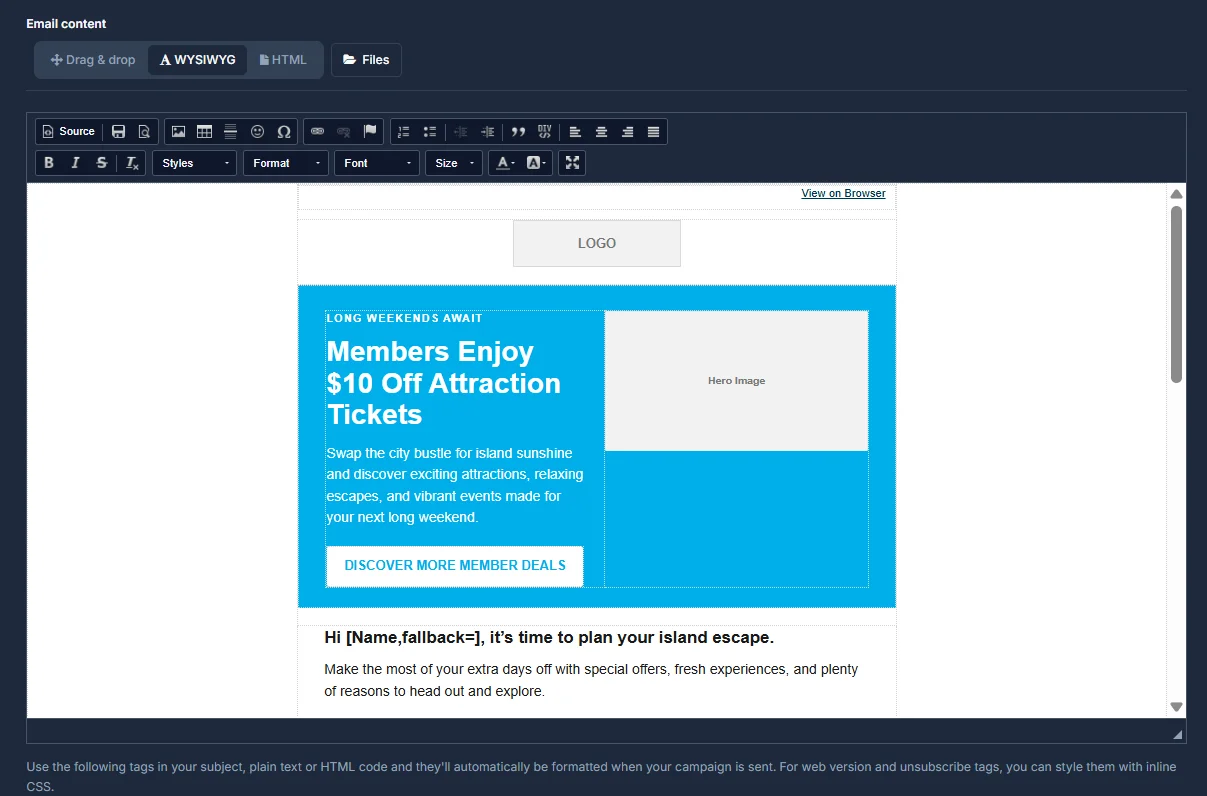 The WYSIWYG editor, showing the same email as rich text with a formatting toolbar