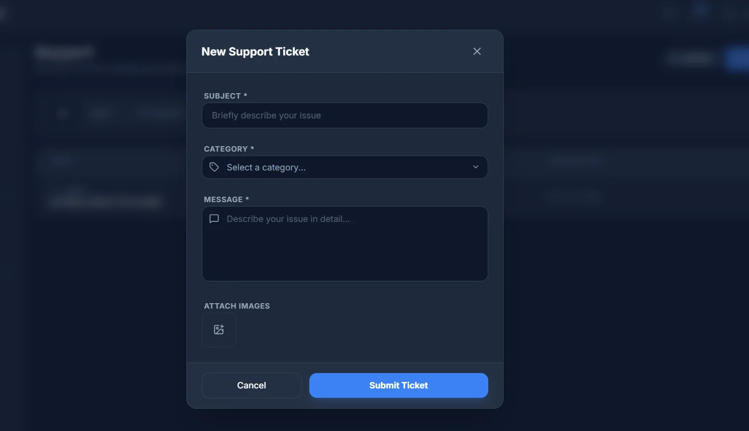 The New Support Ticket form, with Subject, Category, Message and an Attach Images field
