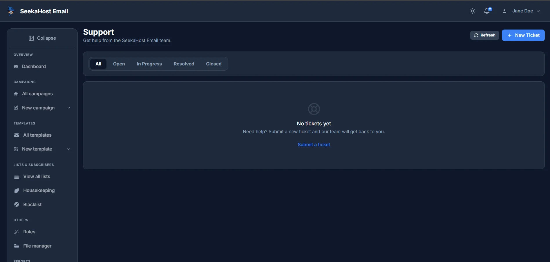 The Support page with no tickets yet, showing status filter tabs and a Submit a ticket link