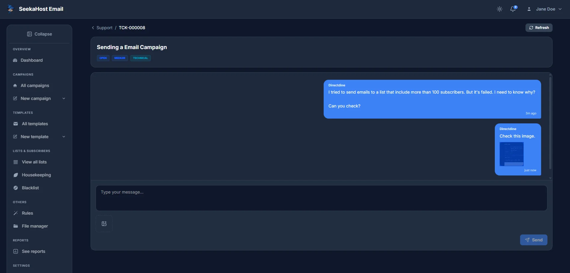A ticket's conversation thread, with a customer message, an attached image, and a reply box below