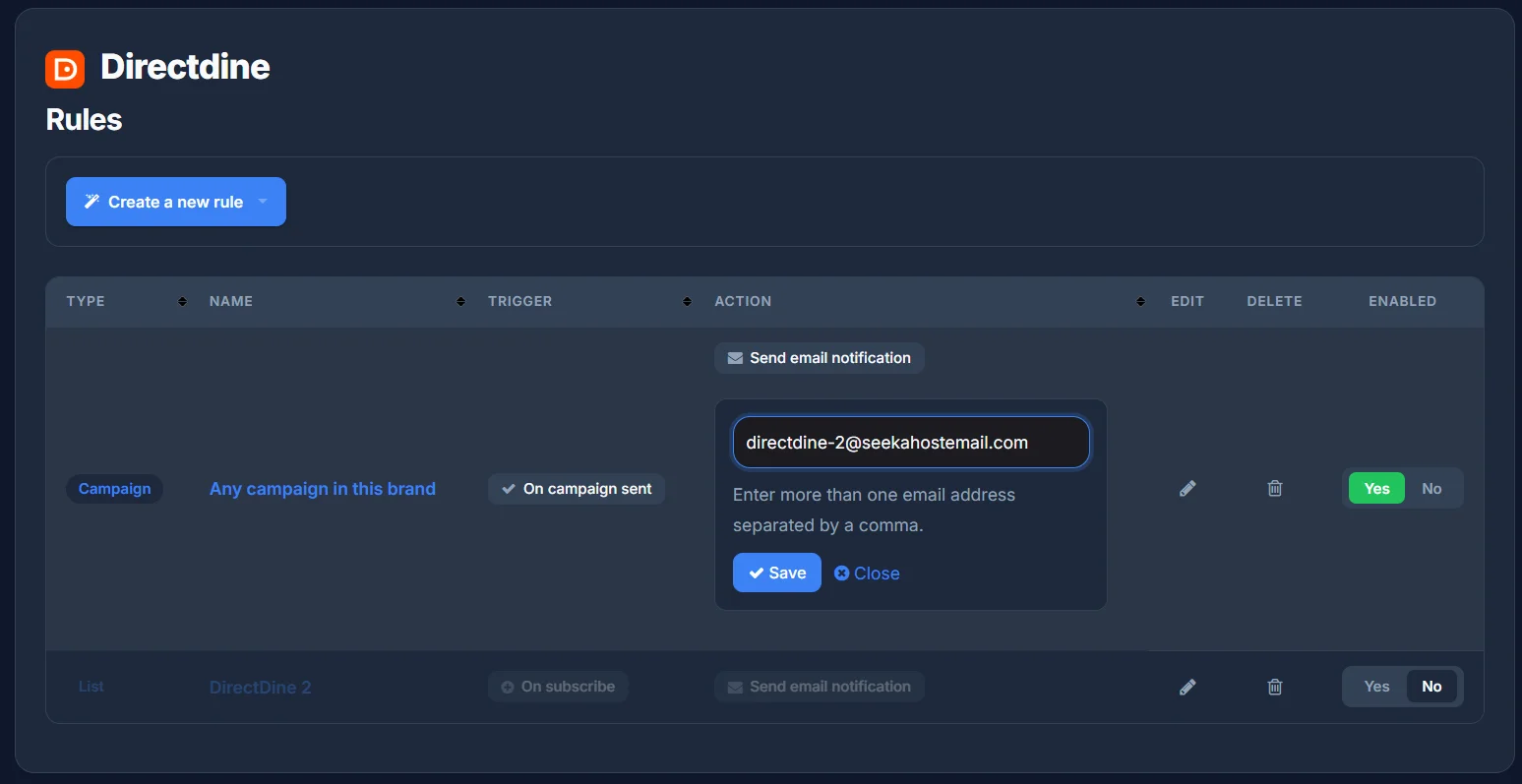 A rule's action configuration, with an email address field and a note that more than one address can be comma-separated