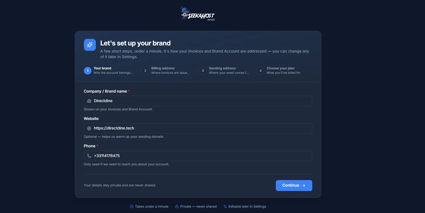 The Your brand step of the setup wizard, with Company/Brand name, Website and Phone fields