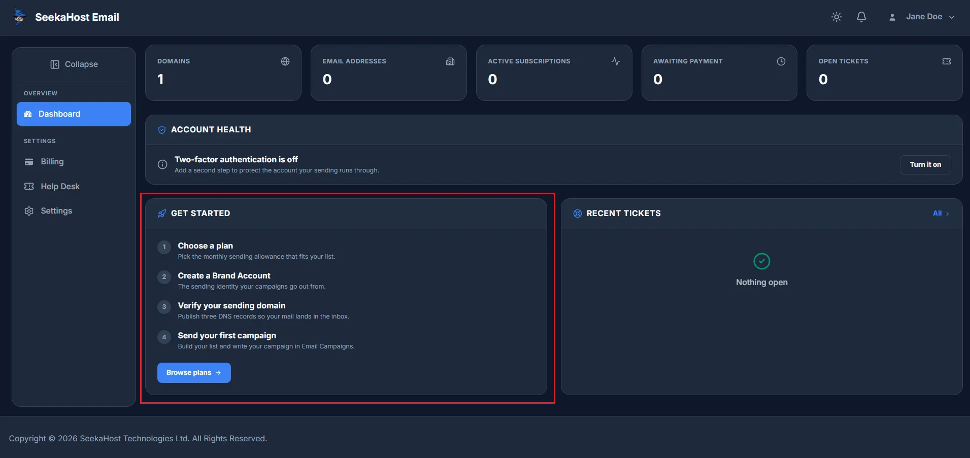 The Get started card shown before you have an active plan, with a four-step checklist and a Browse plans button