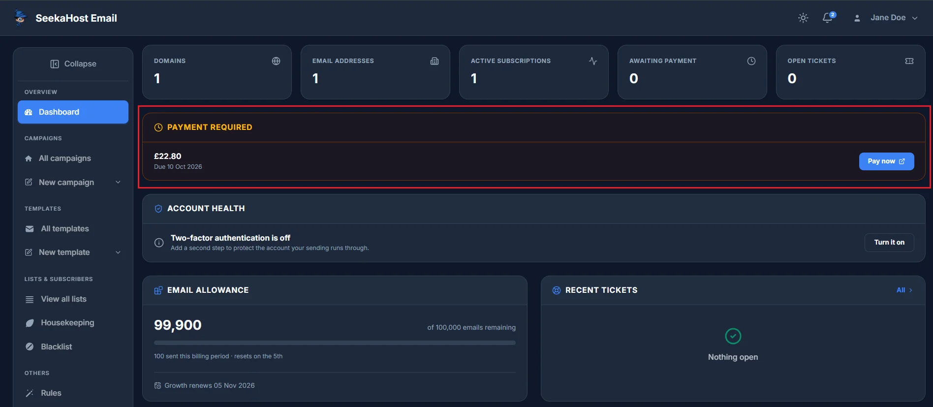 The dashboard's "Payment required" panel, listing an overdue invoice with a Pay now link