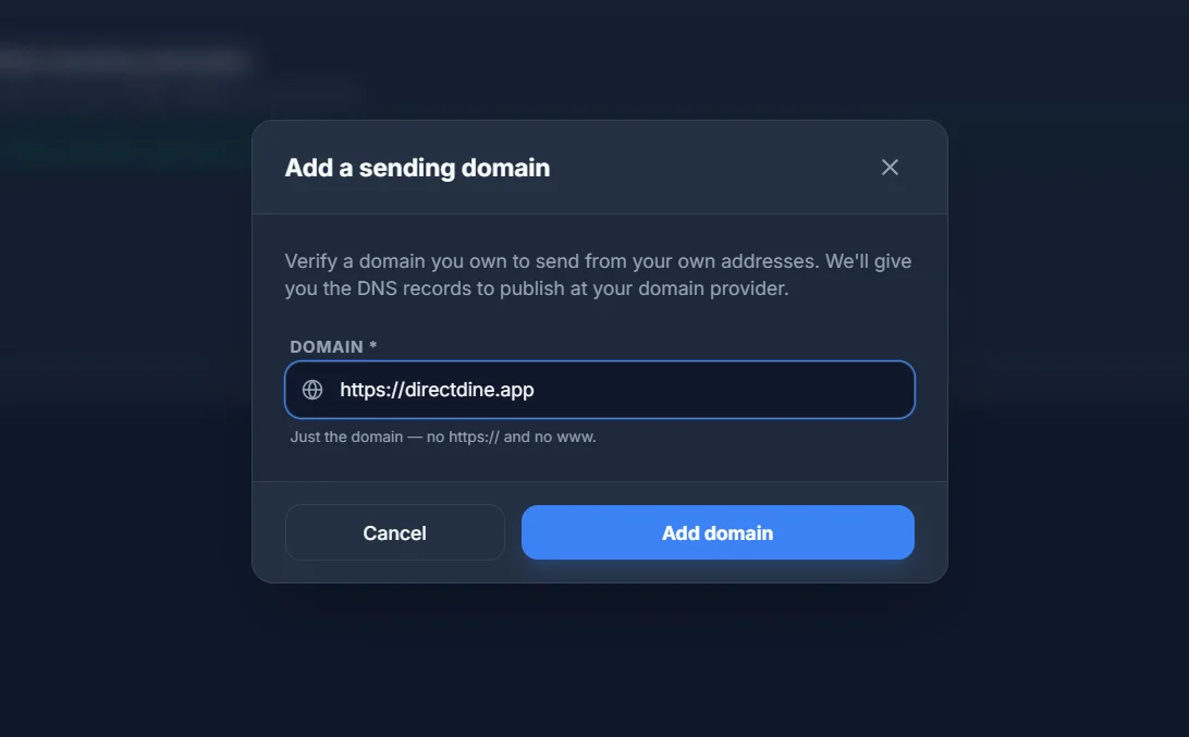 The Add a sending domain form, with a field to enter the domain you want to send from