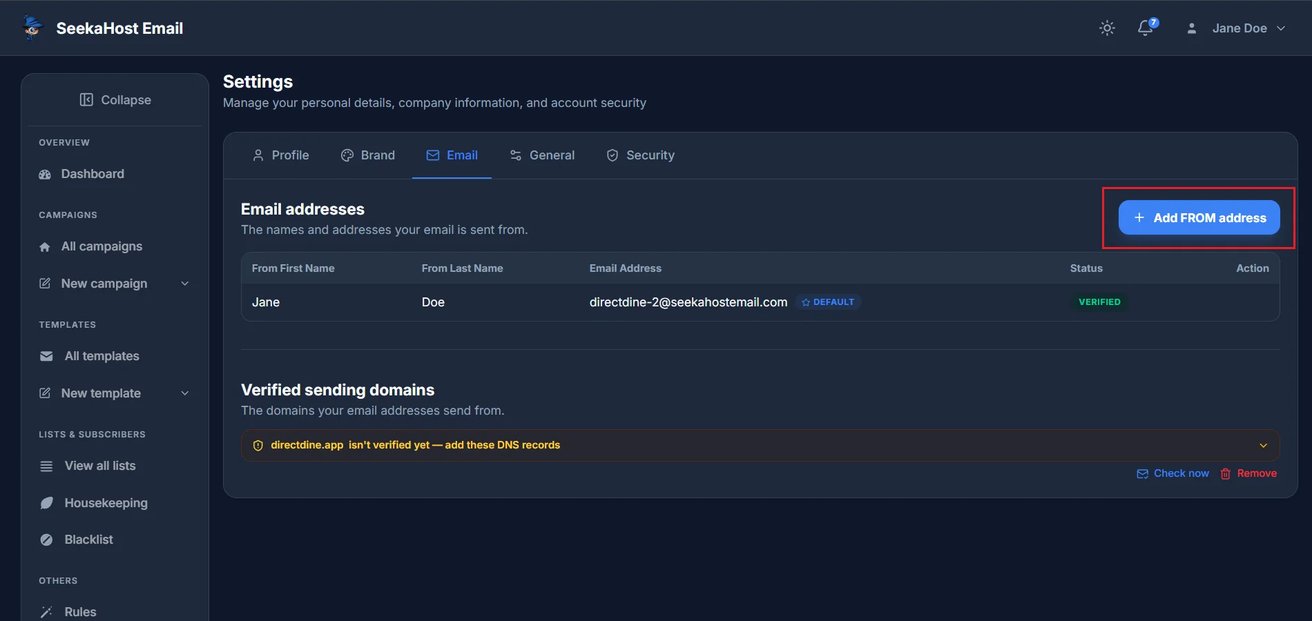 The Email addresses section under Settings → Email, with an Add FROM address button