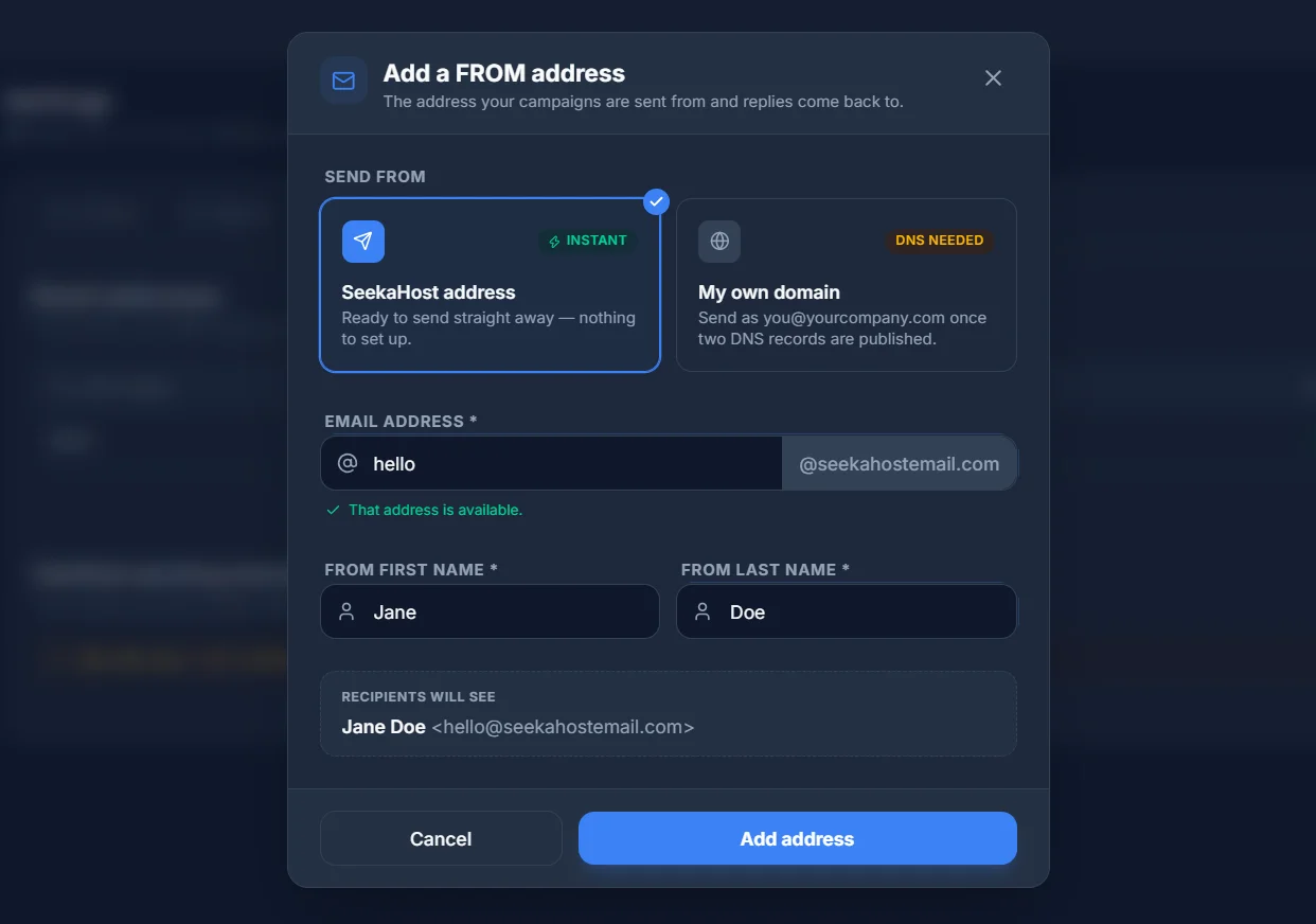 The Add a FROM address form, choosing between a SeekaHost address and your own domain, with an availability check and a preview of what recipients will see