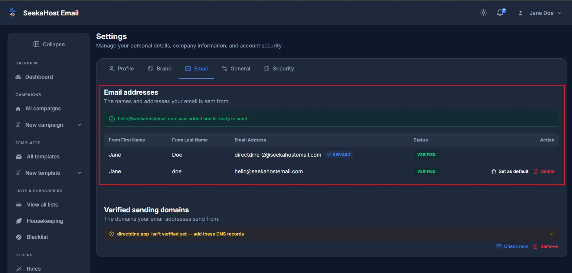 The Email addresses section listing two sending identities, one marked DEFAULT