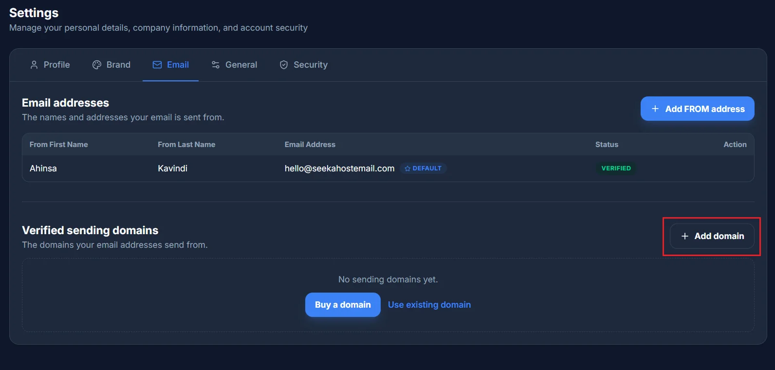 The Verified sending domains section under Settings → Email, with an Add domain button