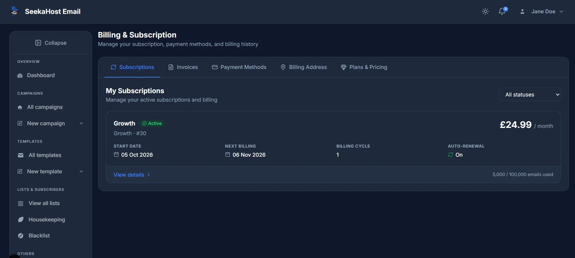 The My Subscriptions list, with a Growth subscription card showing status, price, next billing date and auto-renewal